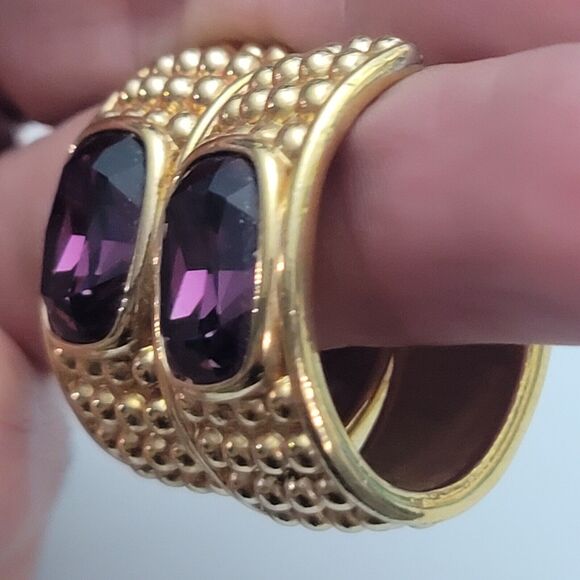 S.A.L VTG Swarovski Purple Crystal Chunky Gold Hoop Earrings - Picture 5 of 8